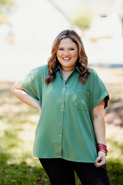 Artichoke Button Down Collared Pocket Blouse