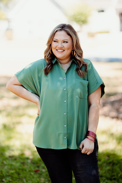 Artichoke Button Down Collared Pocket Blouse