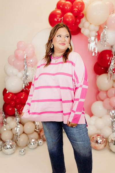 Pink and Hot Pink Striped Colorblock Loose Fit Sweater