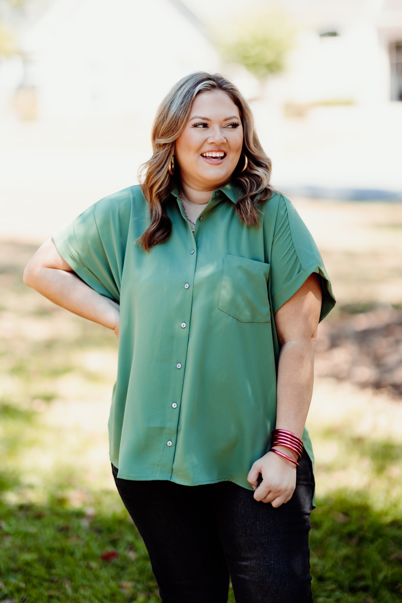 Artichoke Button Down Collared Pocket Blouse