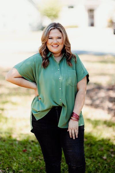 Artichoke Button Down Collared Pocket Blouse