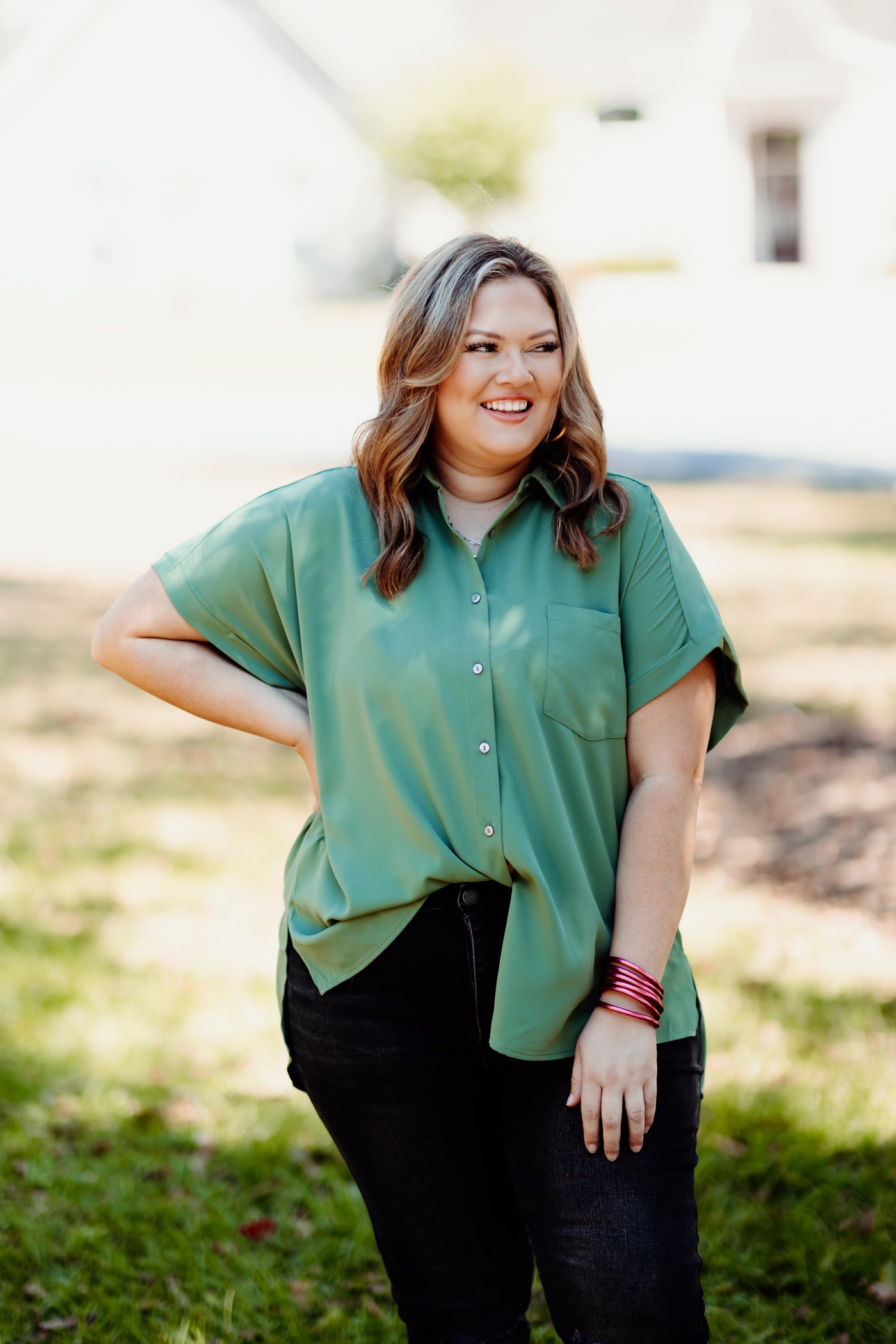 Artichoke Button Down Collared Pocket Blouse