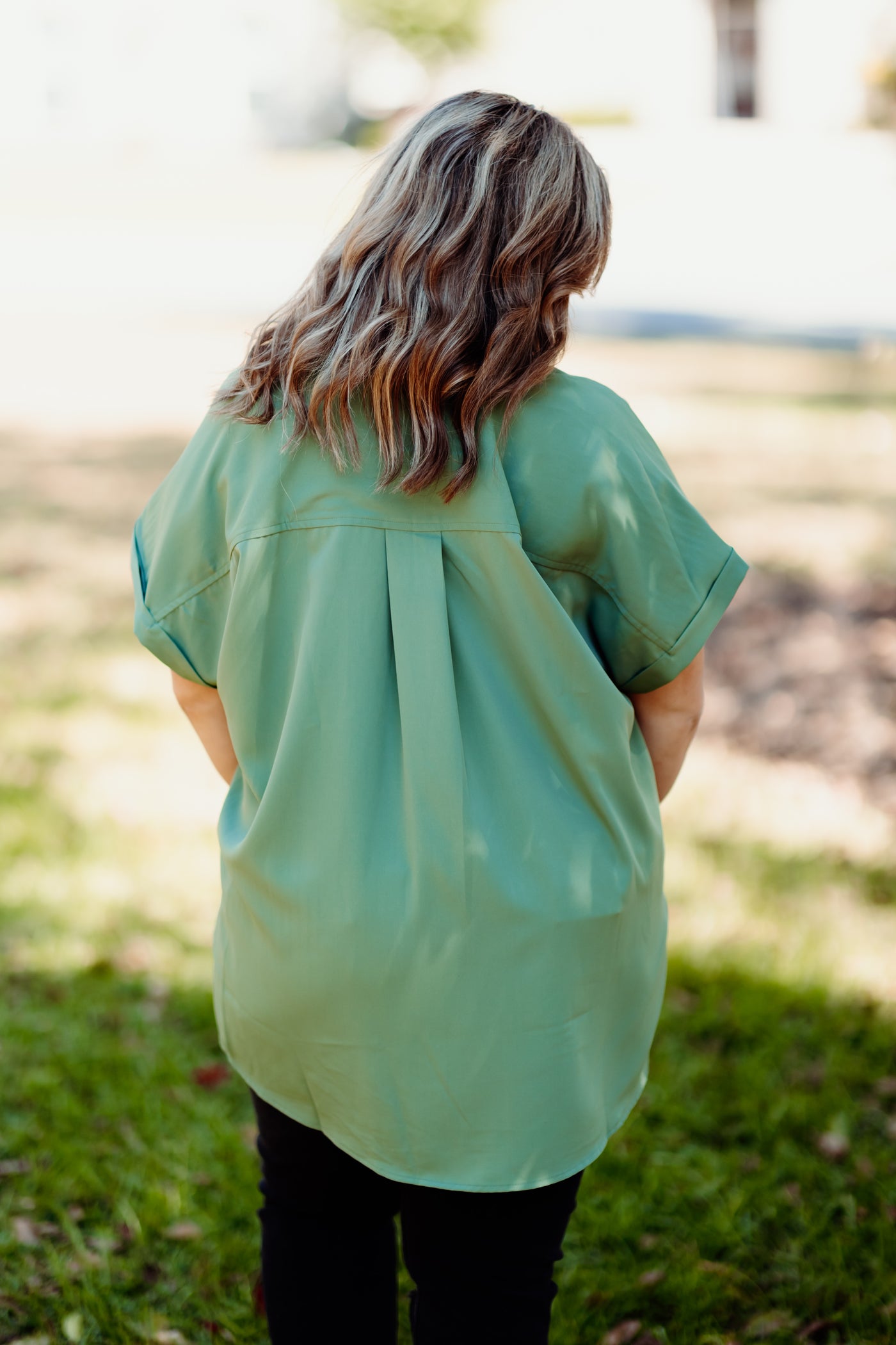 Artichoke Button Down Collared Pocket Blouse