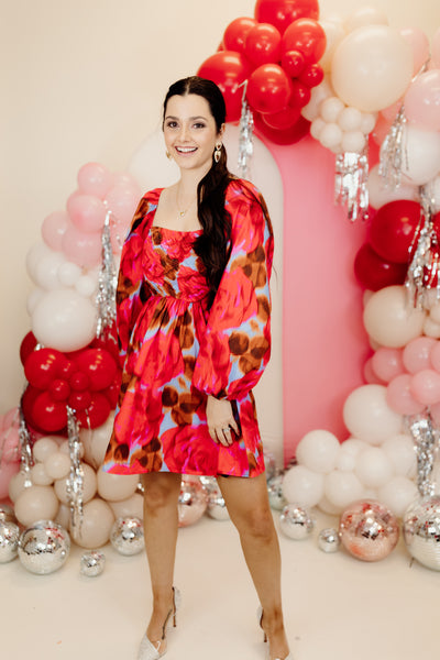 Red and Brown Printed Smocked Bubble Sleeve Dress