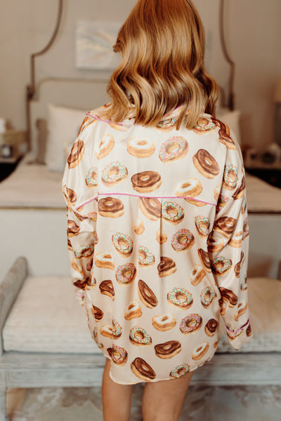 Beige Multi Satin Donut Long Sleeve Pajama Set