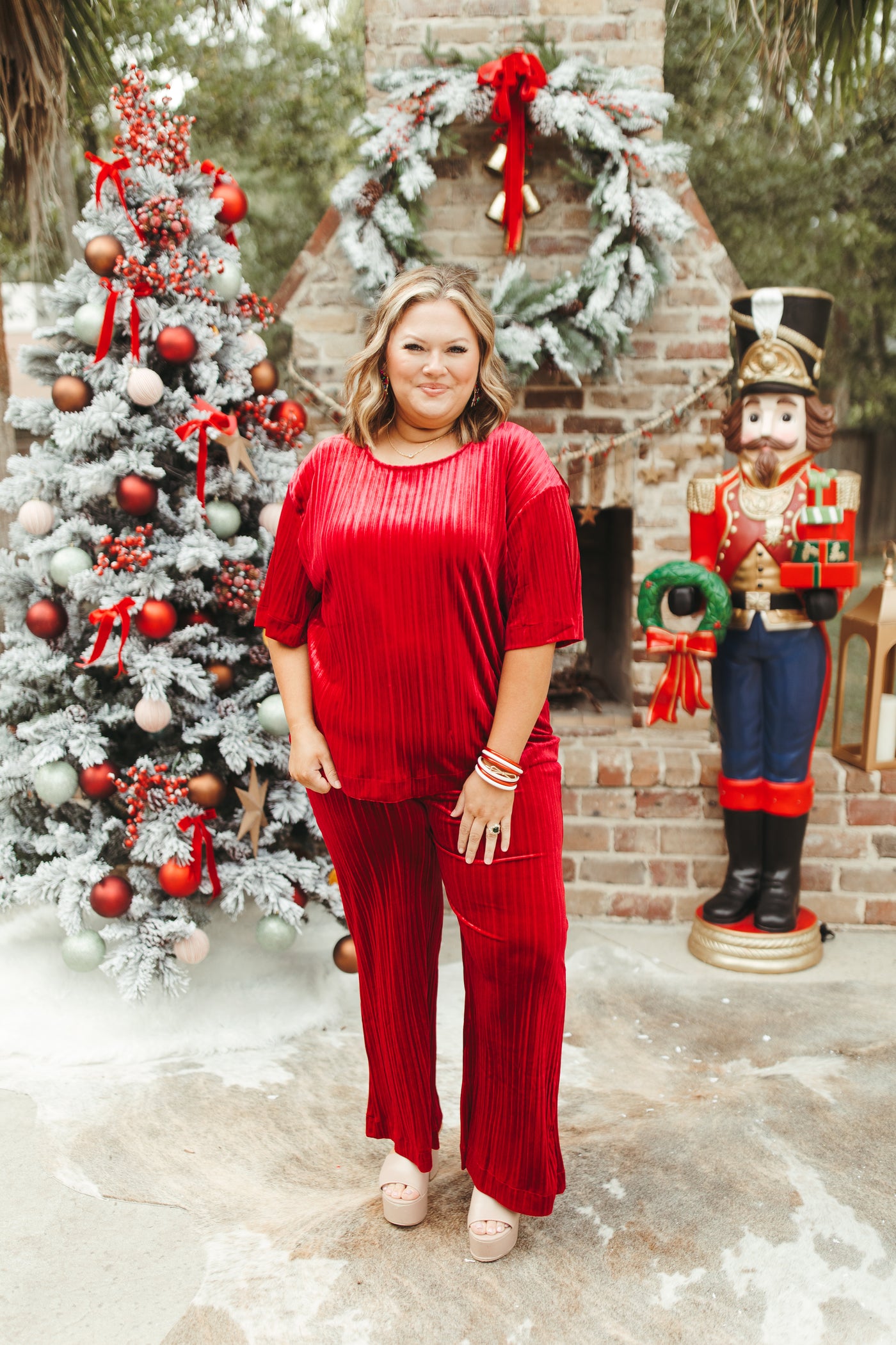 Red Velvet Pleat Detail Top and Pant Set