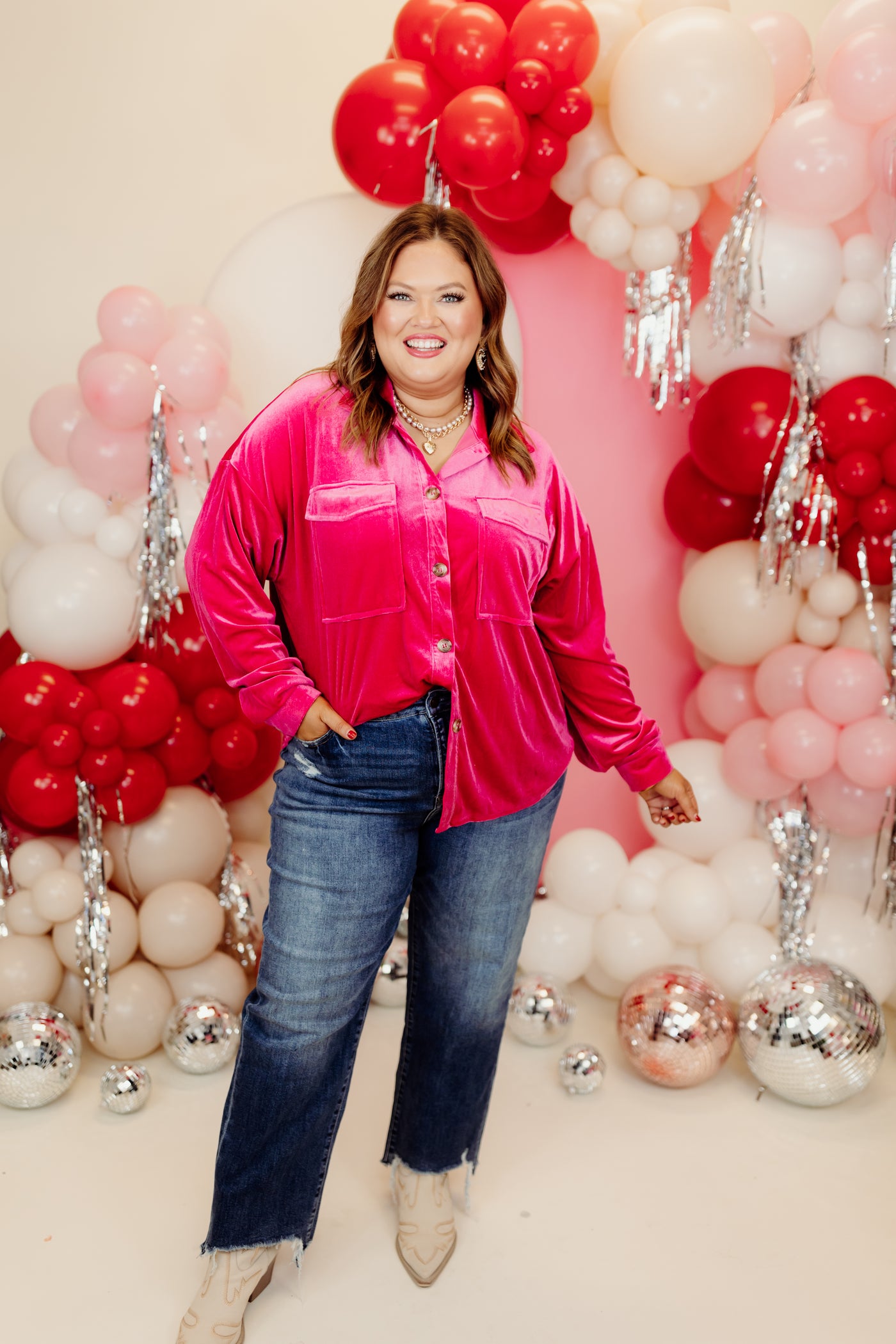 Lipstick Pink Velvet Button Down Top