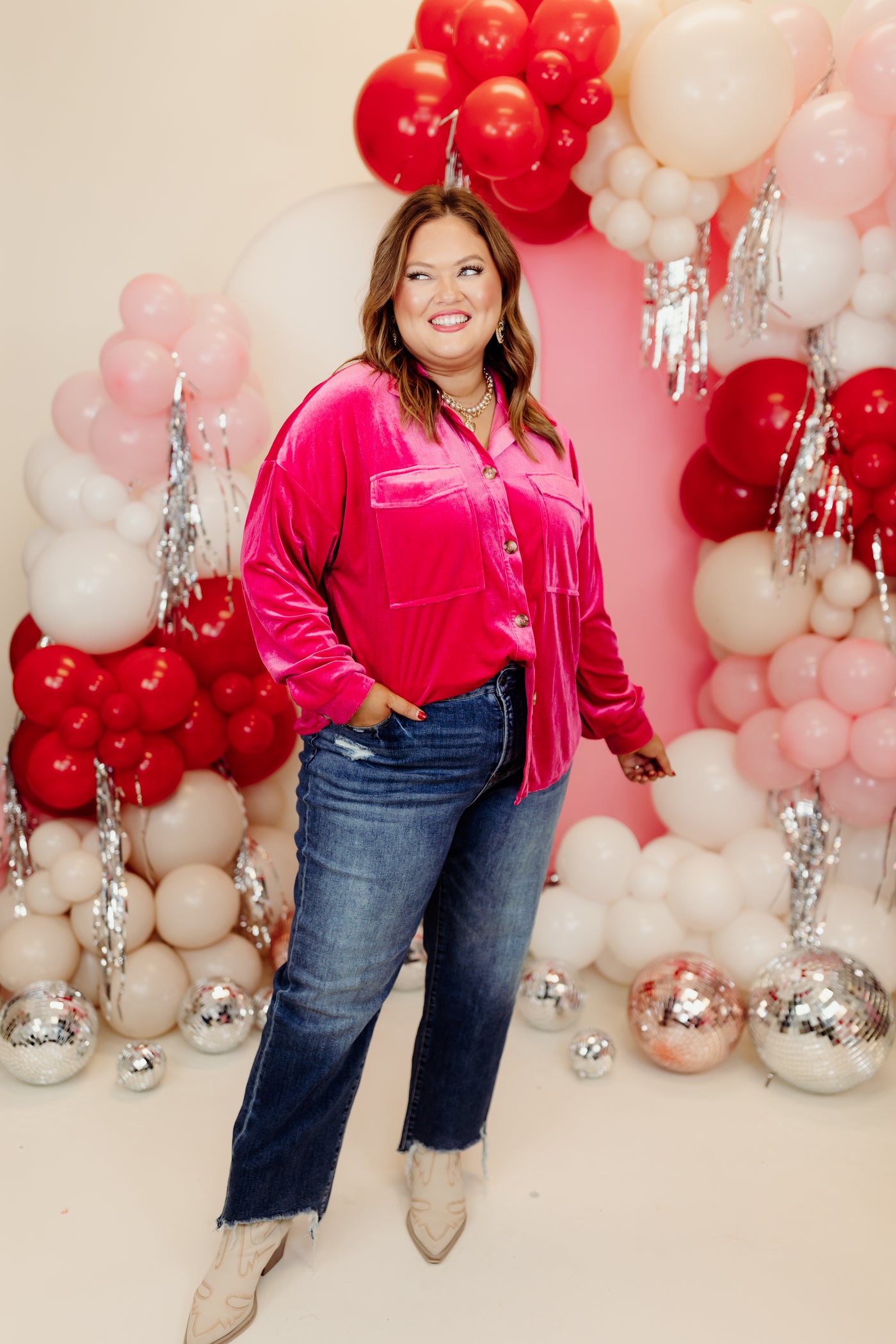 Lipstick Pink Velvet Button Down Top