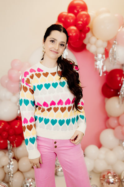 Cream Multicolor Heart Knit Sweater