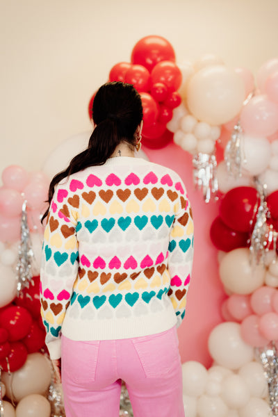 Cream Multicolor Heart Knit Sweater