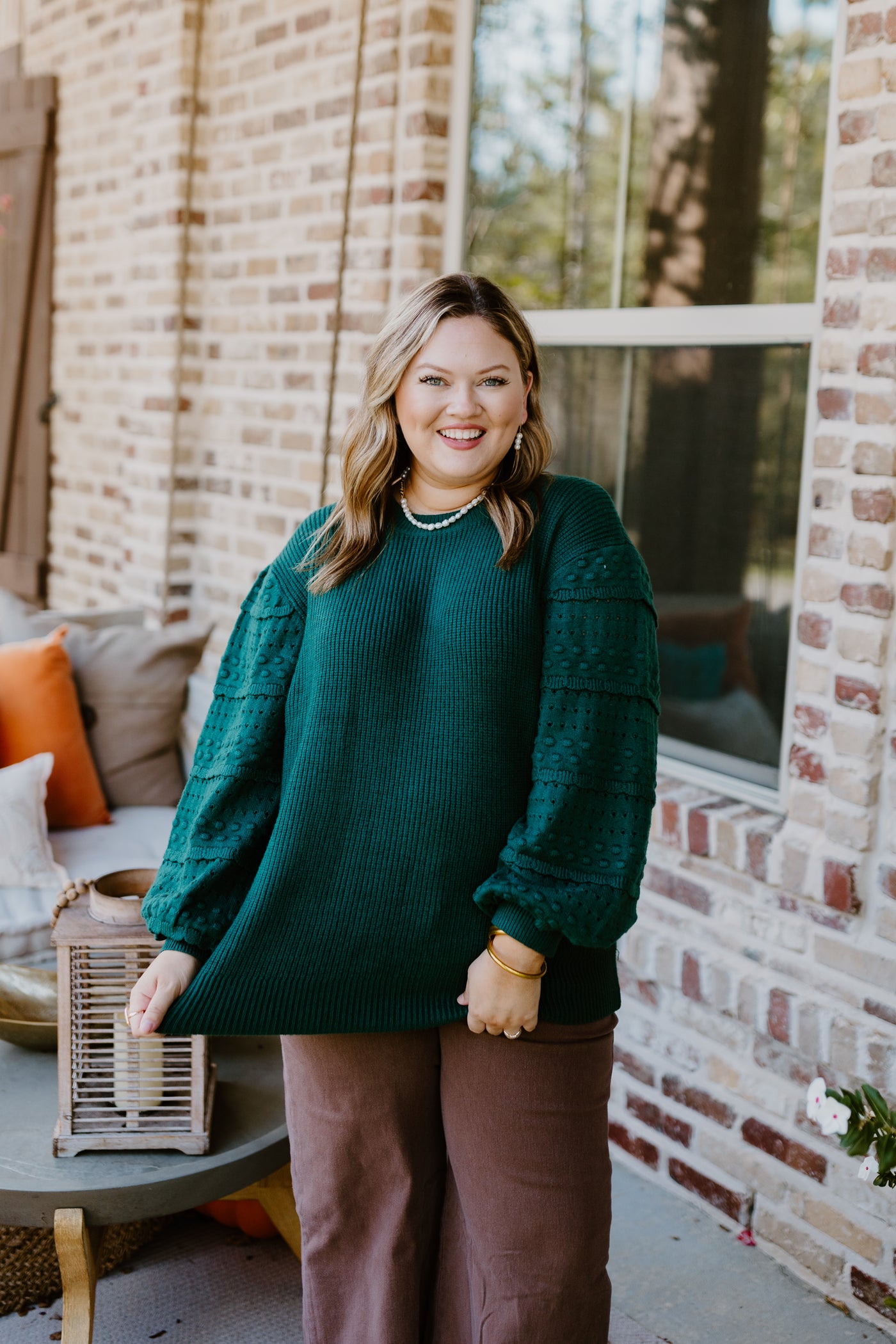 Hunter Green Crochet Sleeve Knit Blouse