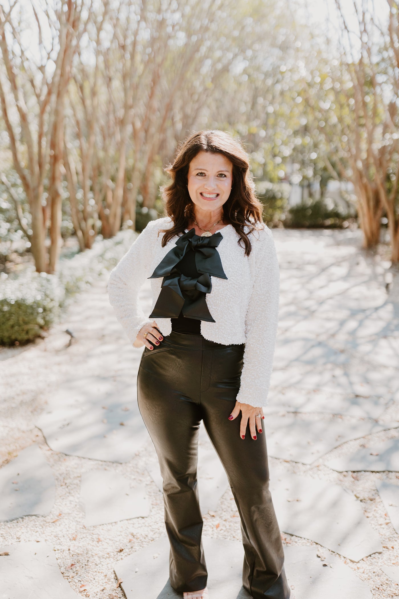 Cream Sequin Black Bow Detail Cropped Jacket