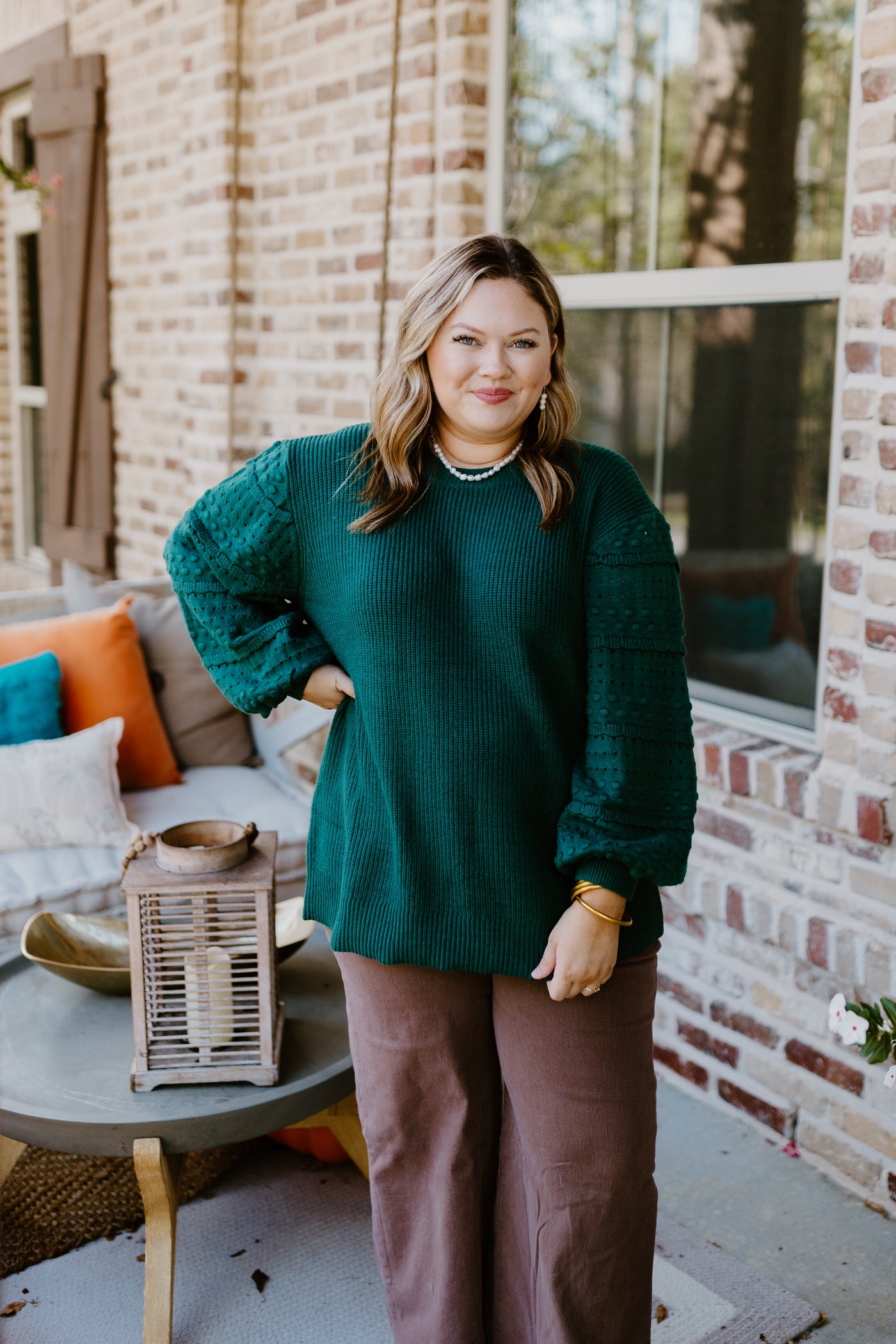 Hunter Green Crochet Sleeve Knit Blouse