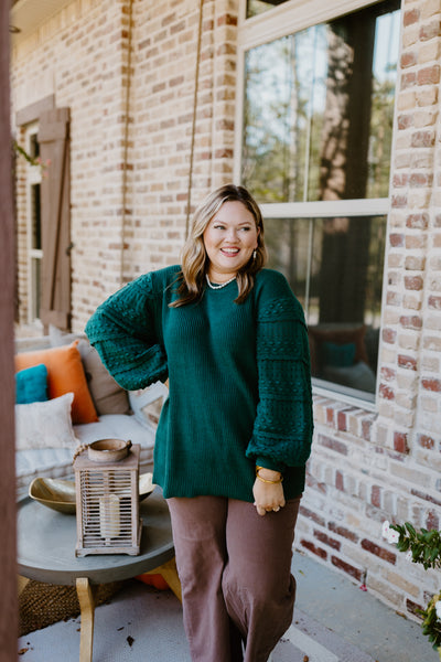 Hunter Green Crochet Sleeve Knit Blouse