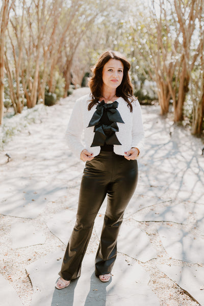 Cream Sequin Black Bow Detail Cropped Jacket