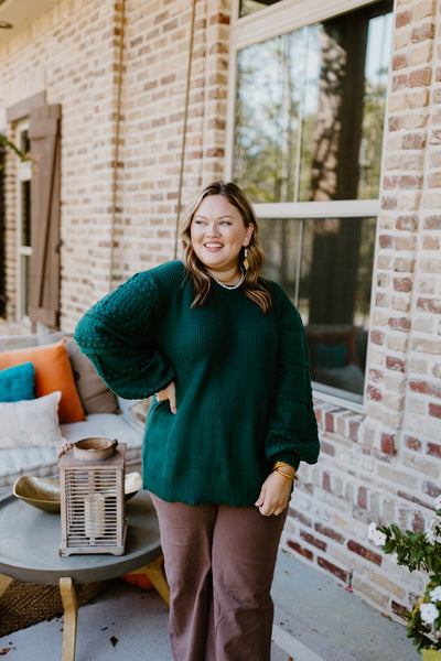 Hunter Green Crochet Sleeve Knit Blouse