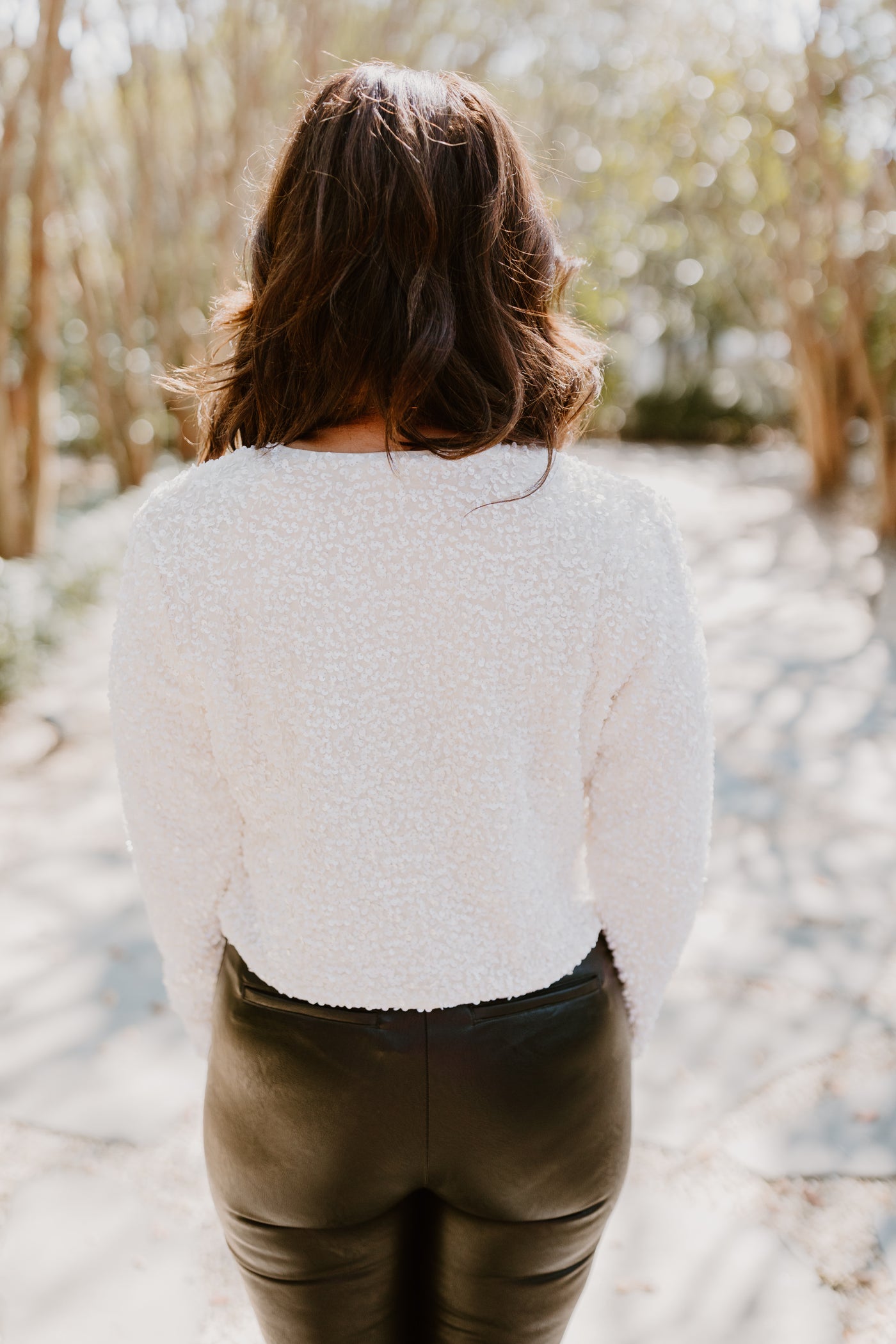 Cream Sequin Black Bow Detail Cropped Jacket