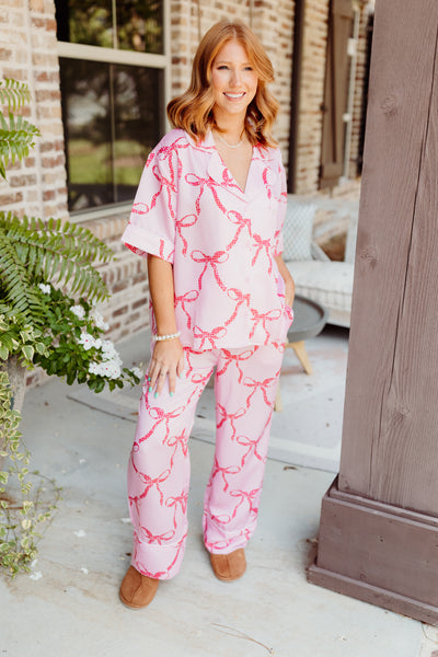 Red Sequin Bow Button Down Top and Pant Pajama Set