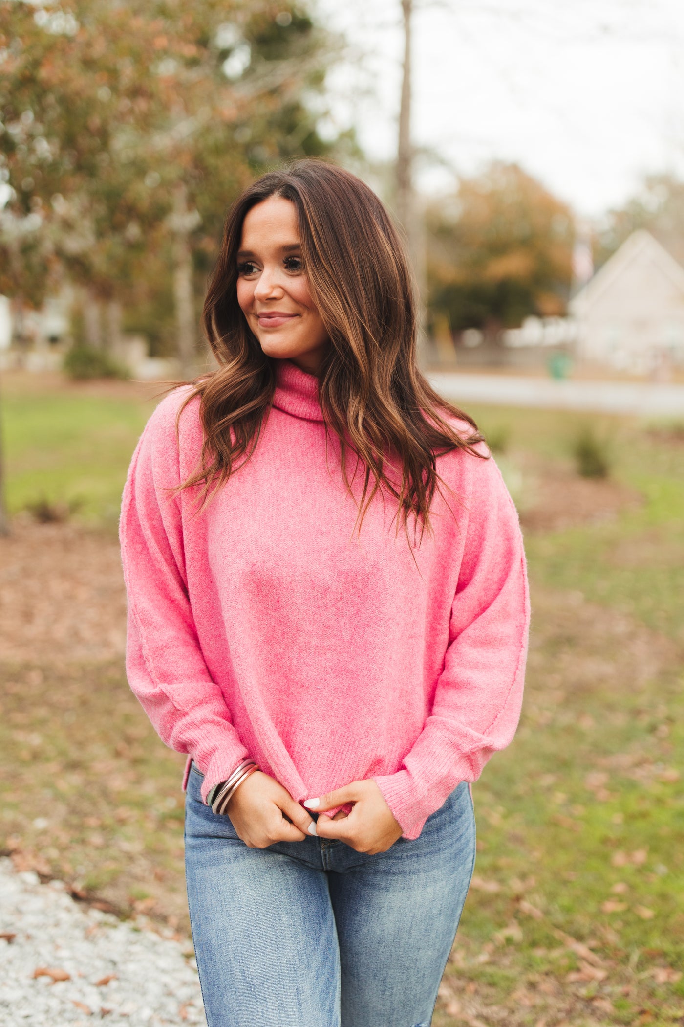 Hot Pink Knit Turtleneck Sweater