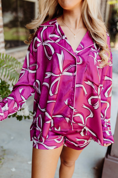 Dark Rose and Pink Bow Satin Long Sleeve Pajama Set