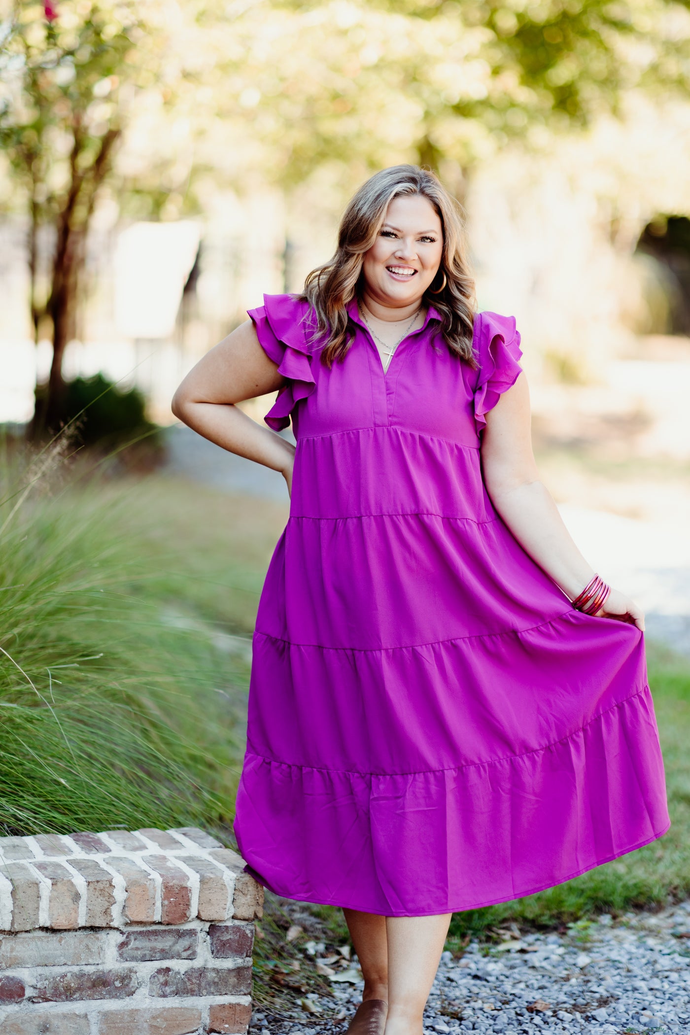 Magenta Collared Split Neck Tiered Midi Dress