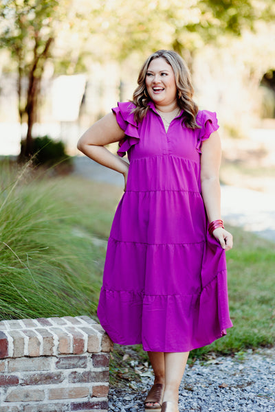 Magenta Collared Split Neck Tiered Midi Dress