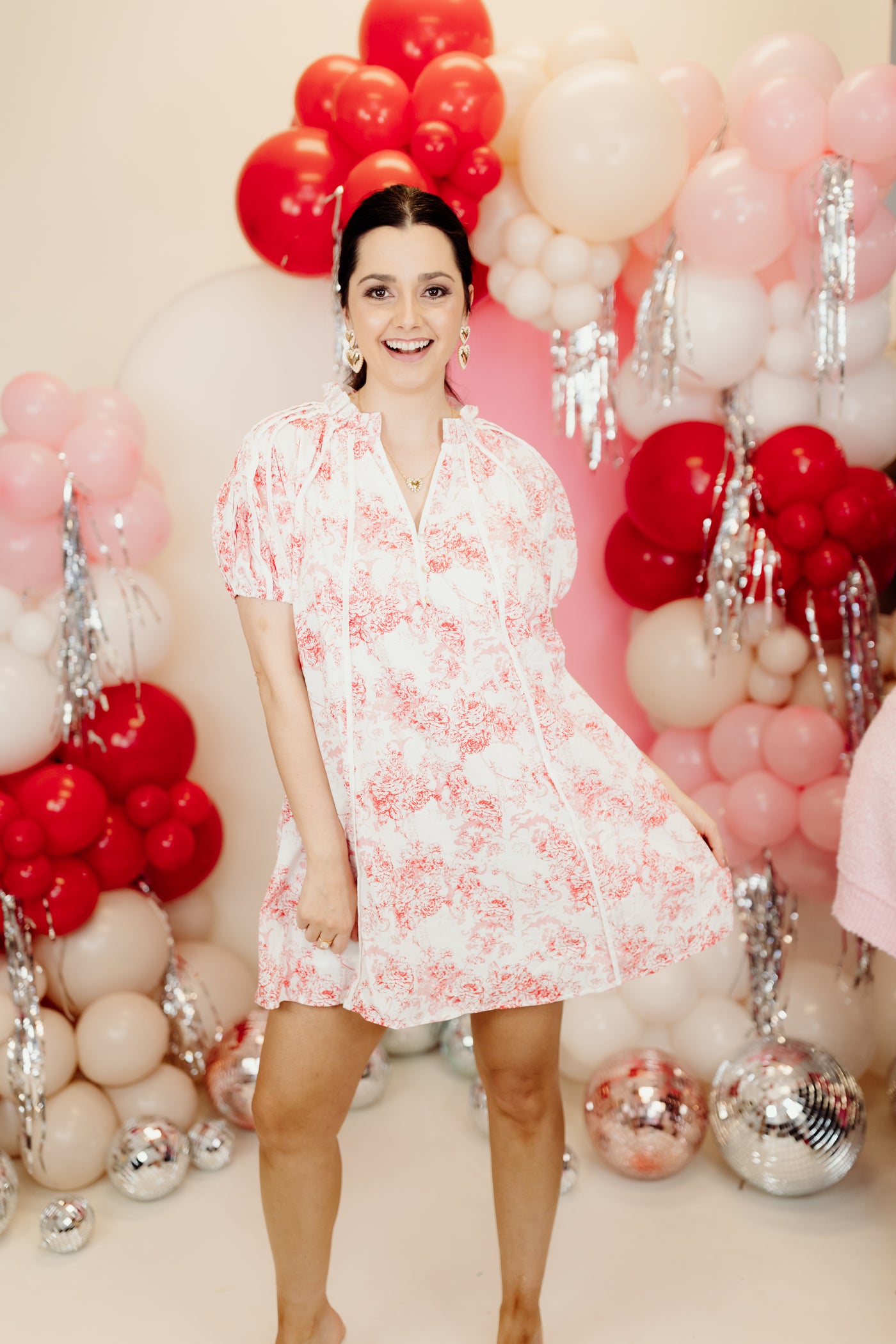 Red Chinoiserie Floral Puff Sleeve Dress