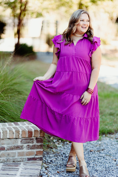 Magenta Collared Split Neck Tiered Midi Dress