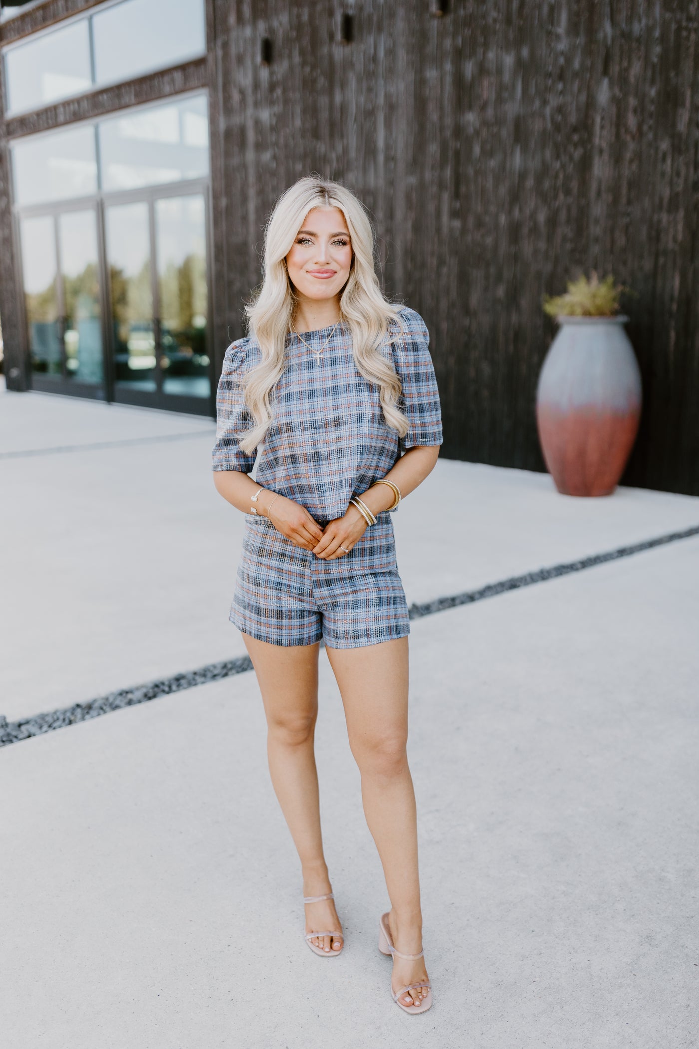 Blue Puff Sleeve Checkered Sequin Top and Short Set