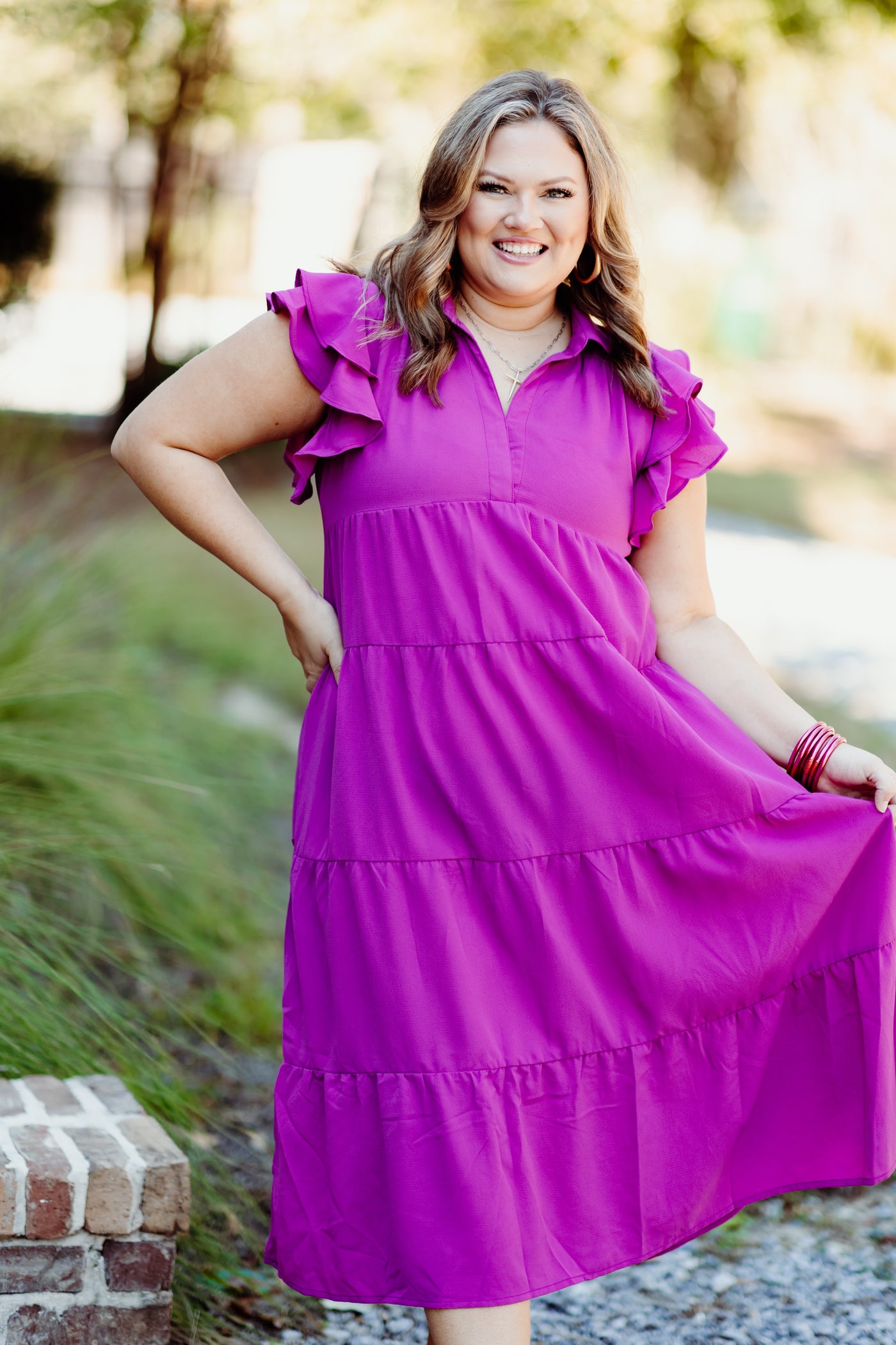 Magenta Collared Split Neck Tiered Midi Dress