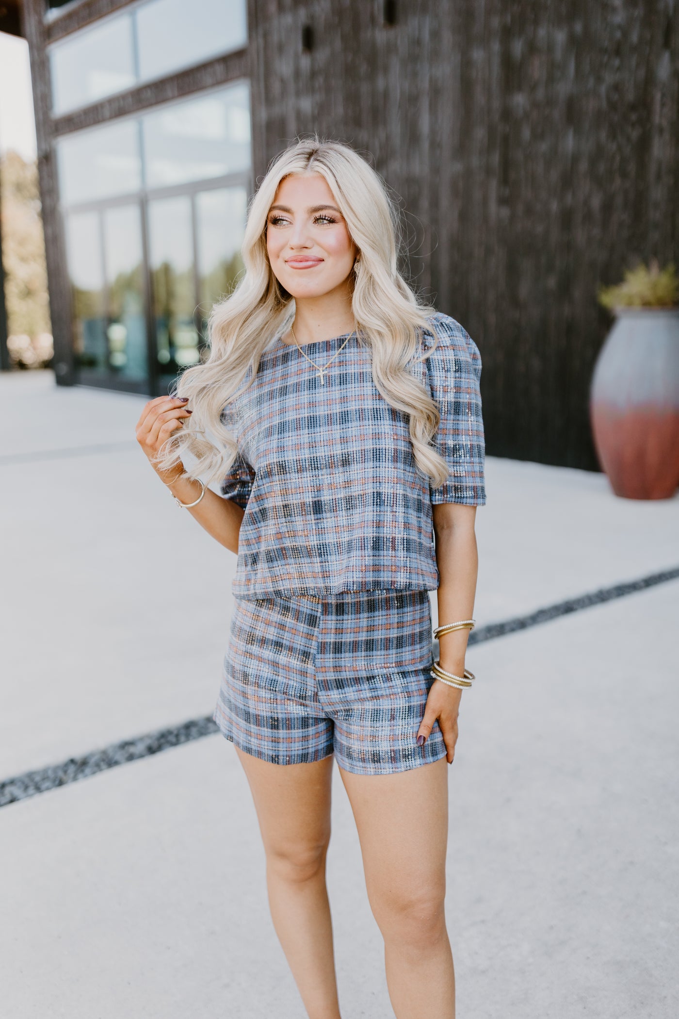 Blue Puff Sleeve Checkered Sequin Top and Short Set