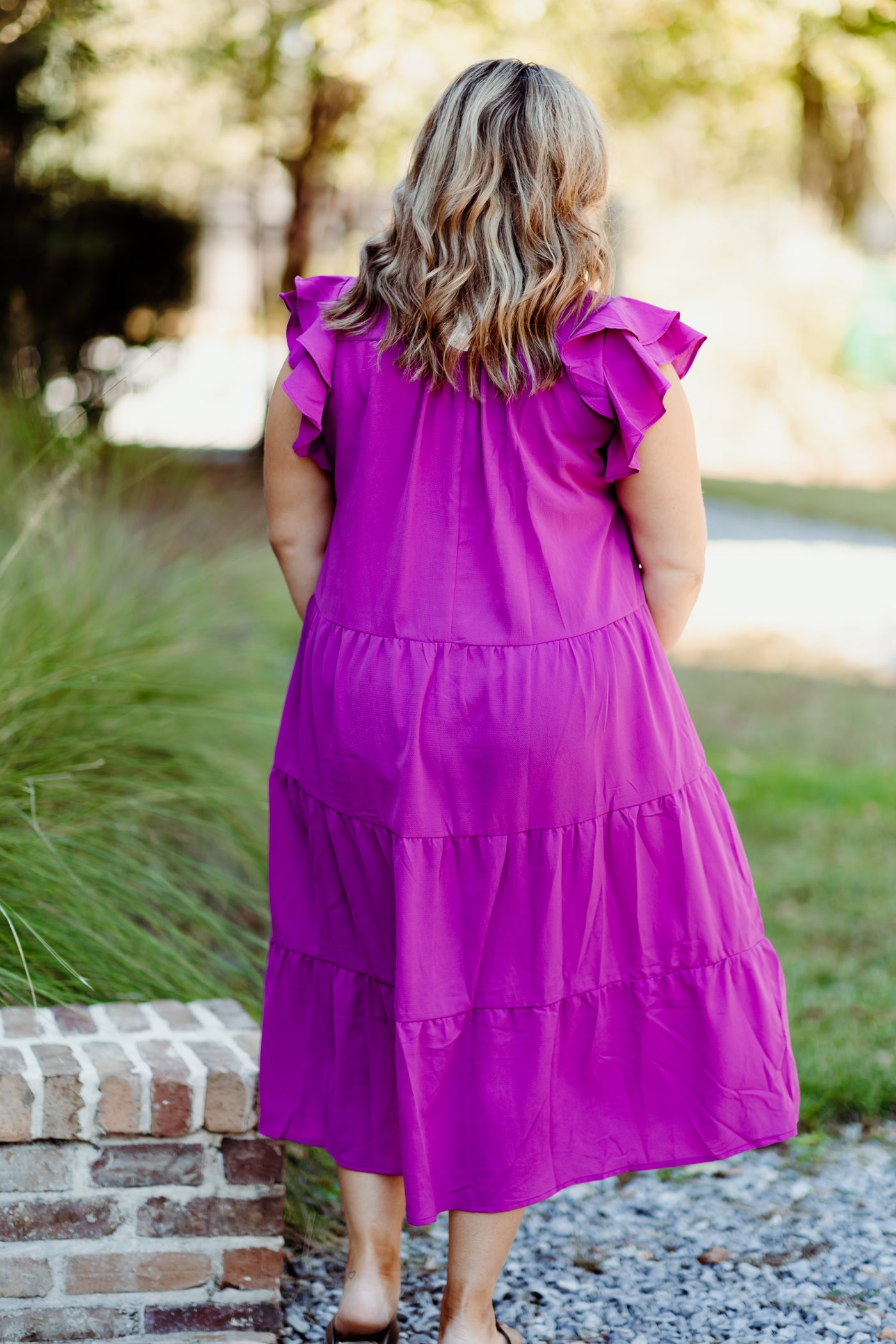 Magenta Collared Split Neck Tiered Midi Dress