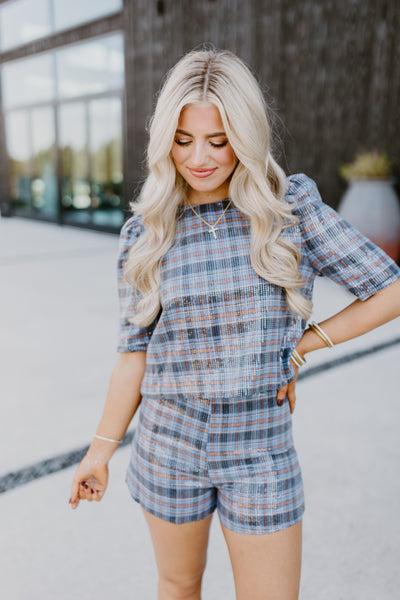 Blue Puff Sleeve Checkered Sequin Top and Short Set