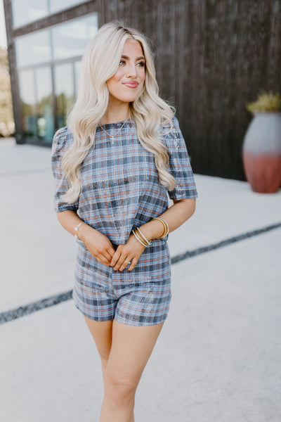 Blue Puff Sleeve Checkered Sequin Top and Short Set