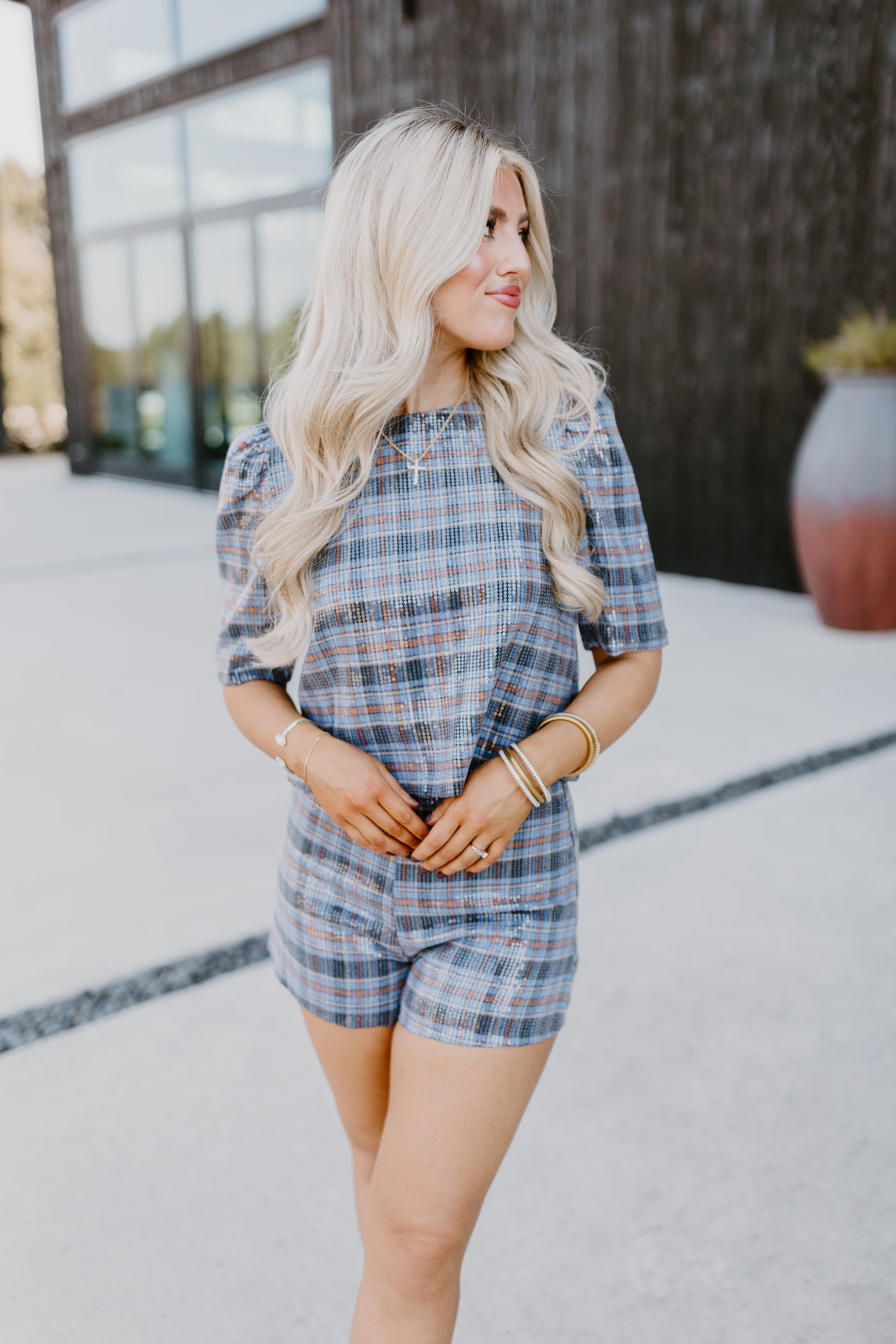 Blue Puff Sleeve Checkered Sequin Top and Short Set