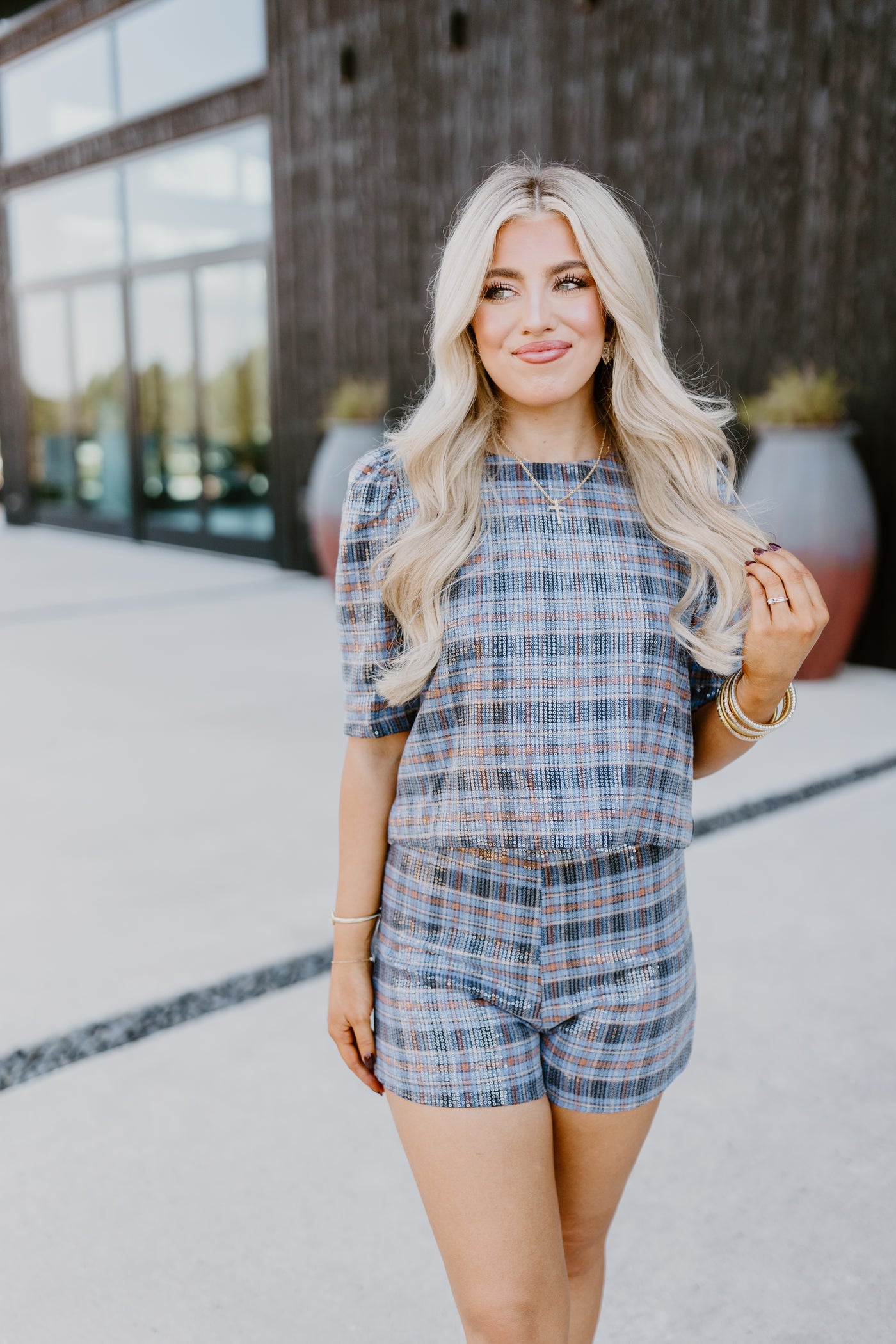 Blue Puff Sleeve Checkered Sequin Top and Short Set