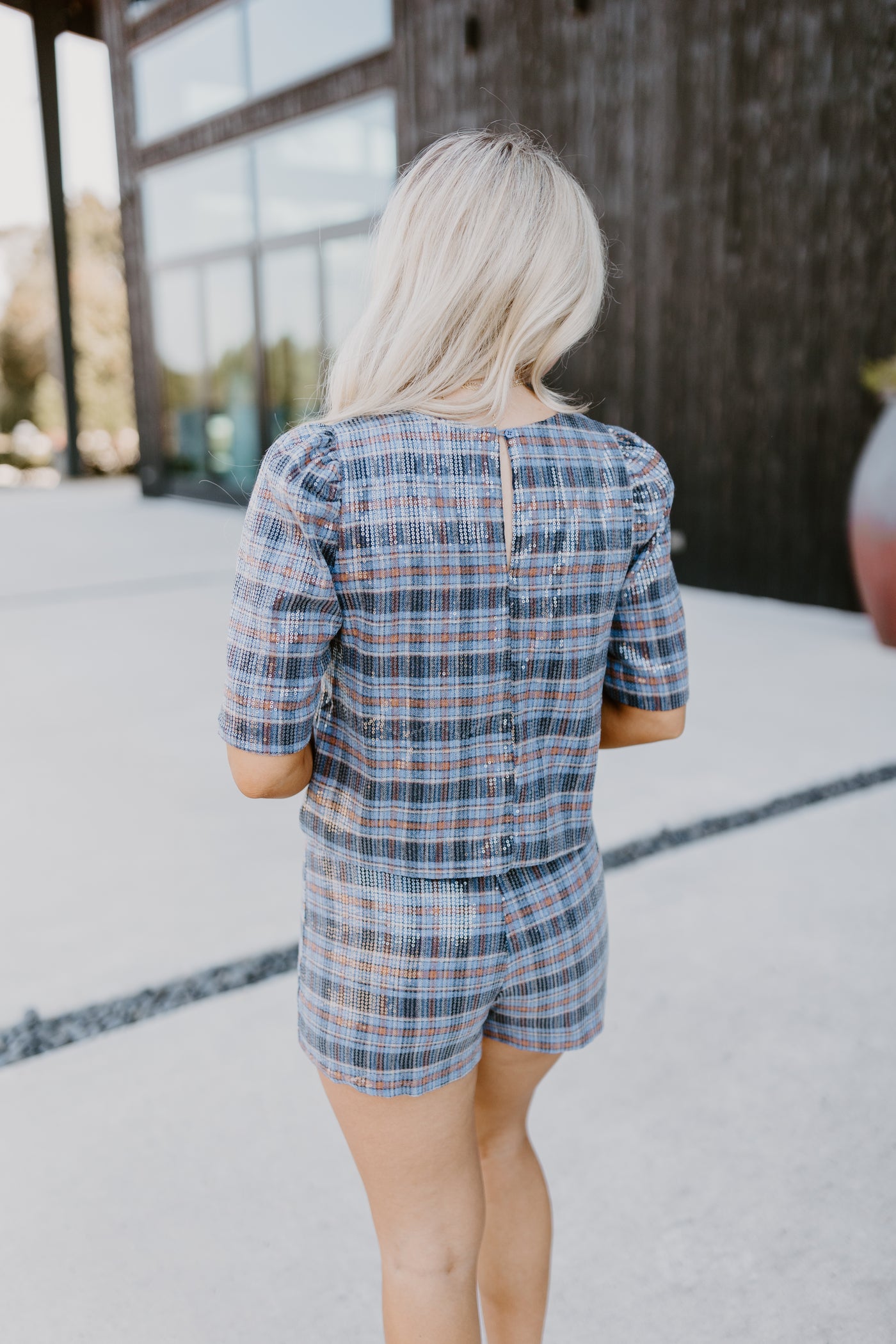 Blue Puff Sleeve Checkered Sequin Top and Short Set