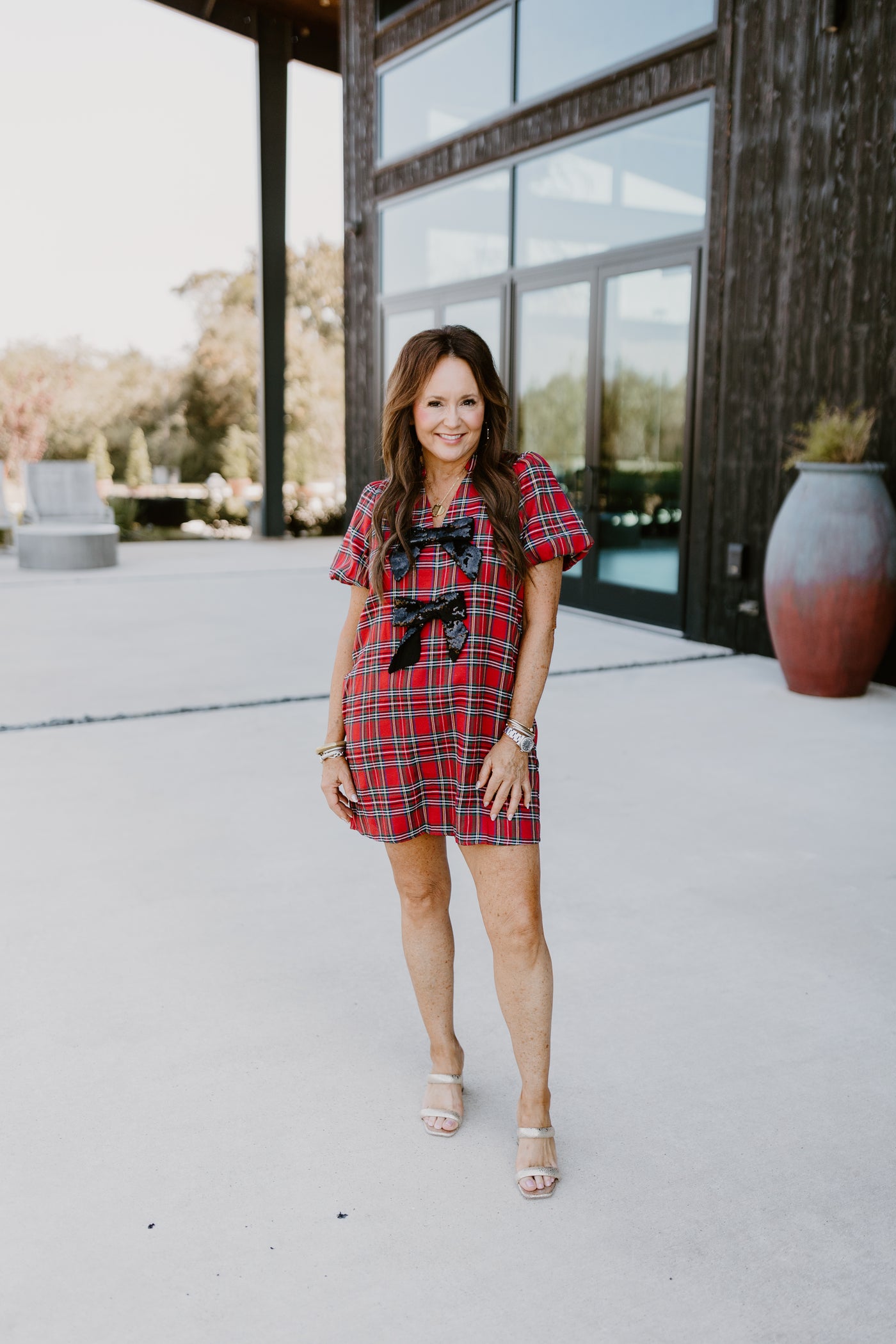 Red Plaid Sequin Bow Detail Mini Dress