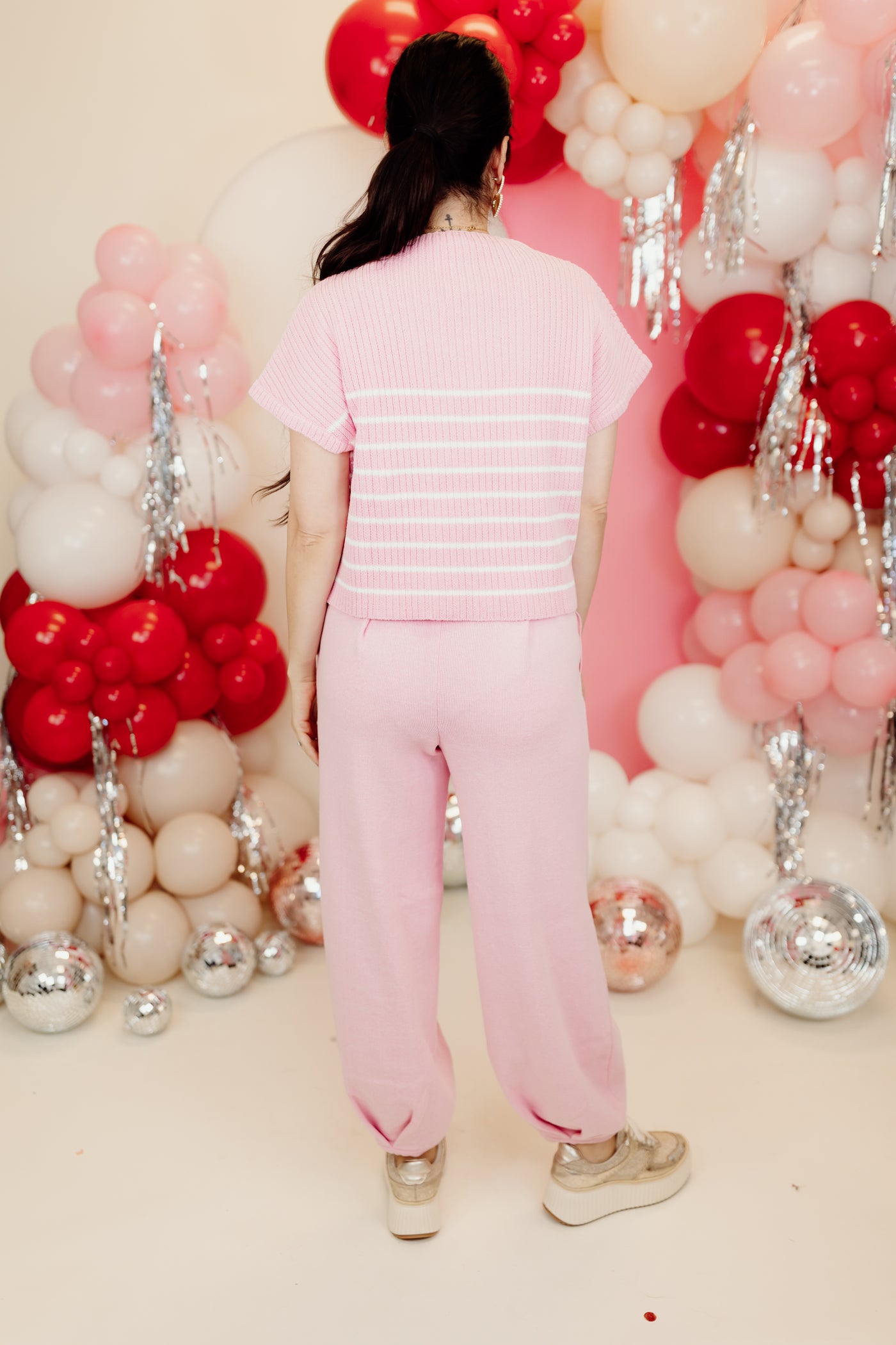 Pink Striped Top and Wide Leg Bunched Bottom Pants