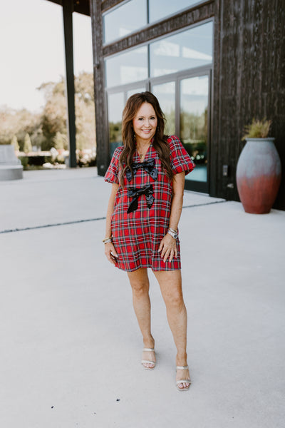 Red Plaid Sequin Bow Detail Mini Dress