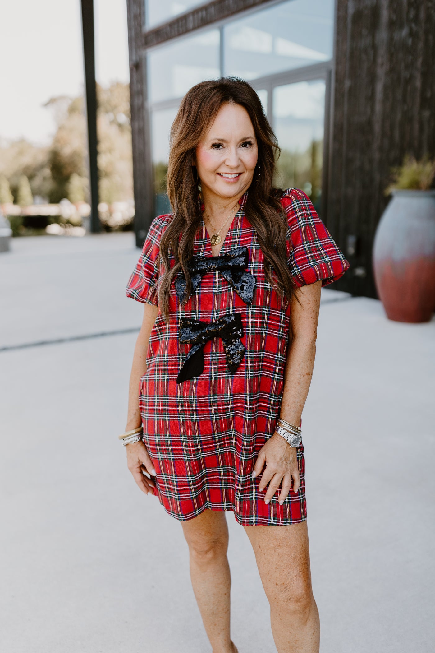 Red Plaid Sequin Bow Detail Mini Dress