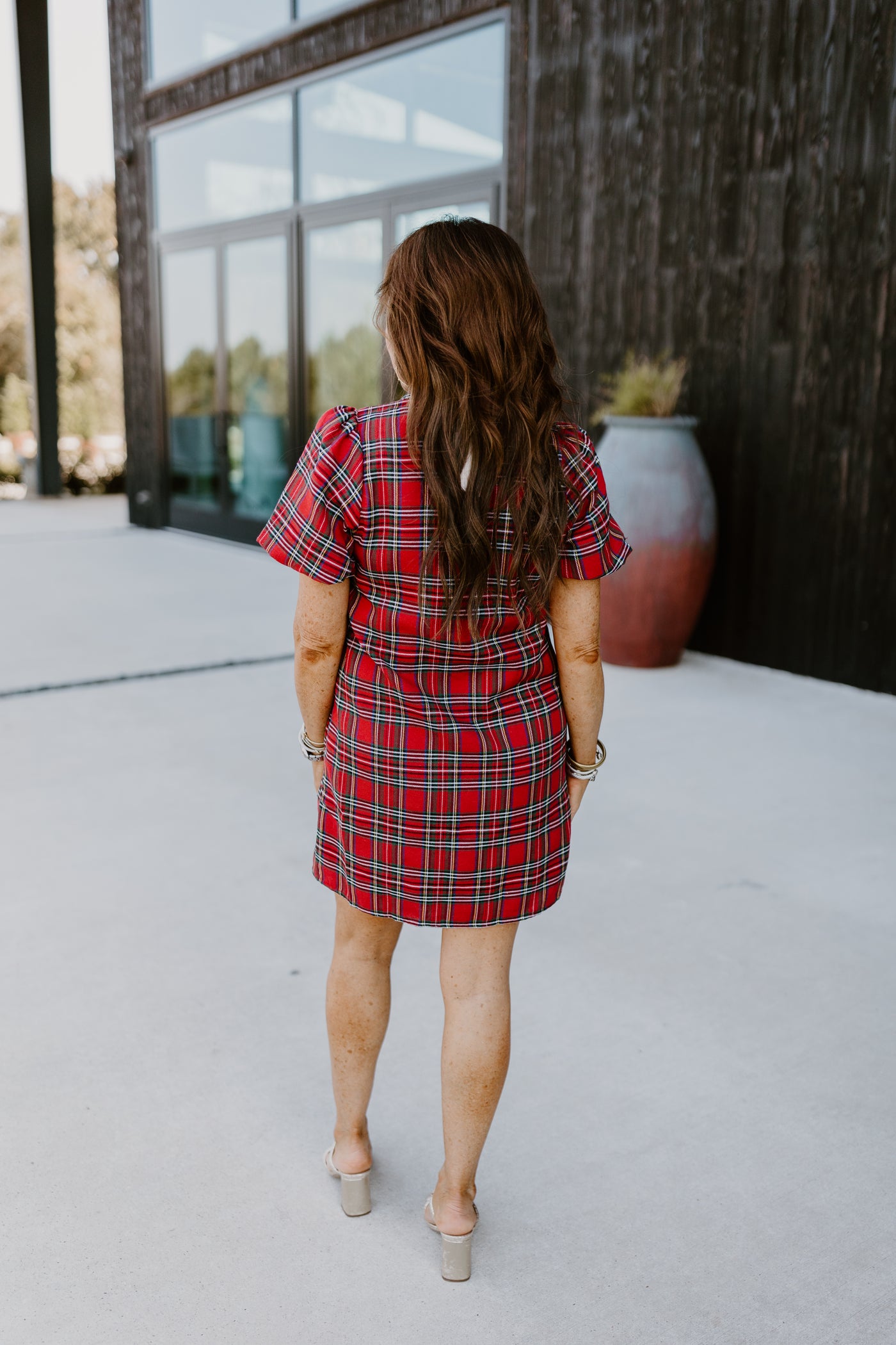 Red Plaid Sequin Bow Detail Mini Dress