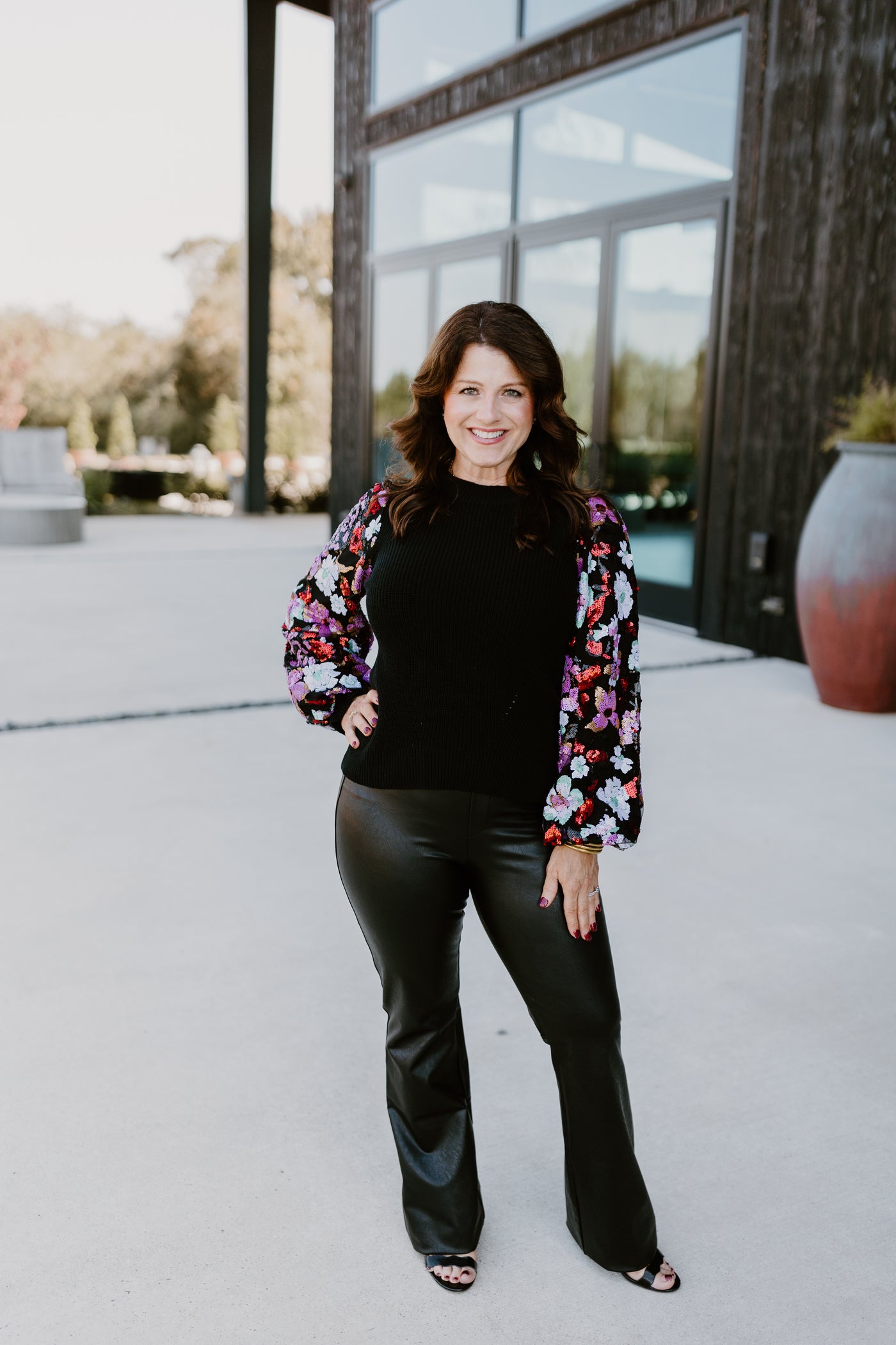 Black Floral Sequin Sleeve Sweater