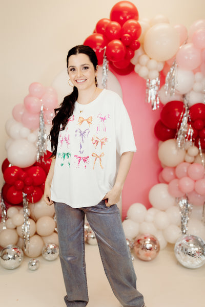 White Rhinestone Multi Bow Tee