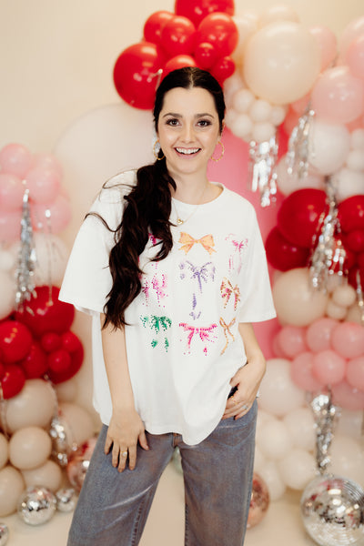 White Rhinestone Multi Bow Tee