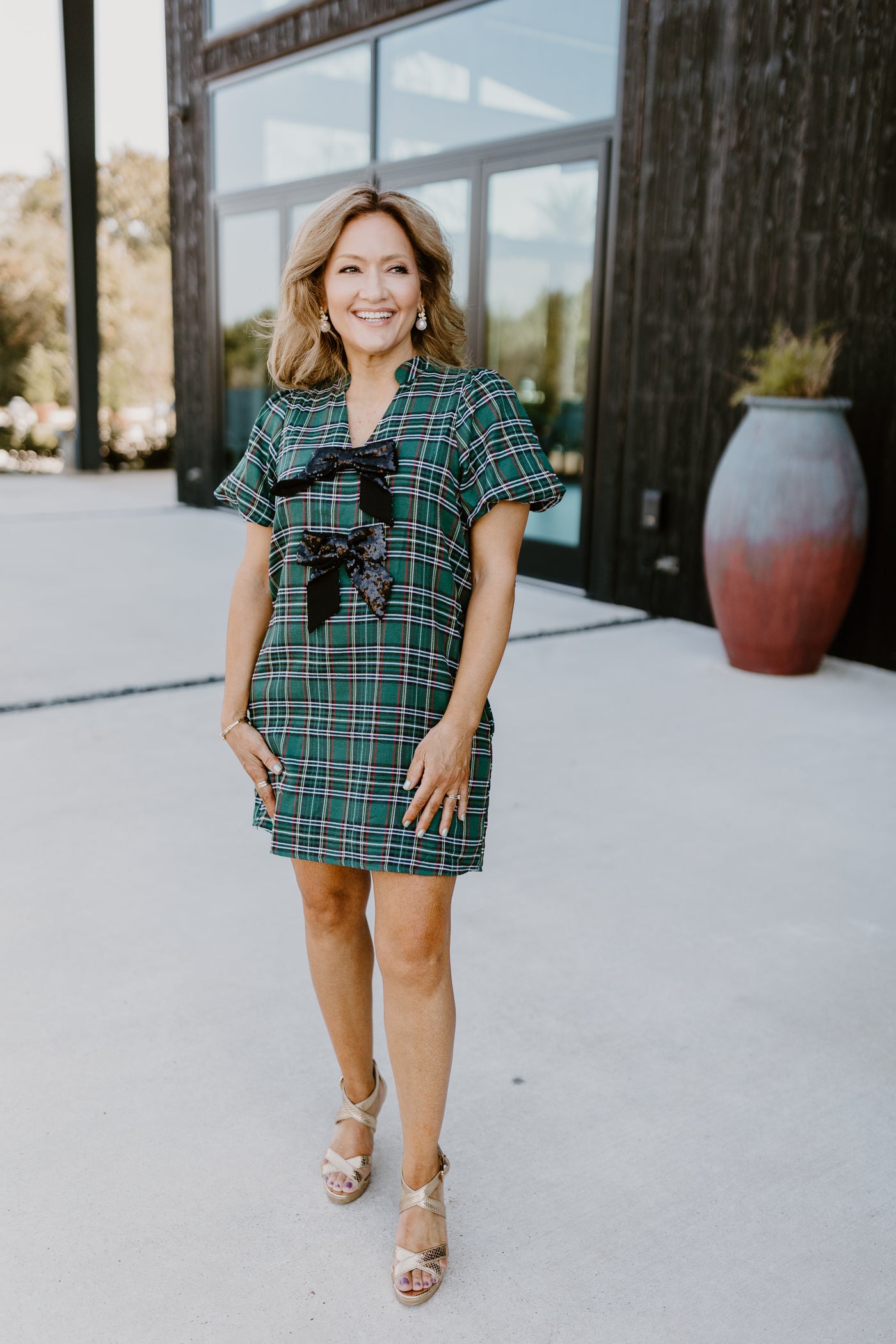 Green Plaid Sequin Bow Detail Mini Dress