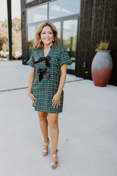 Green Plaid Sequin Bow Detail Mini Dress