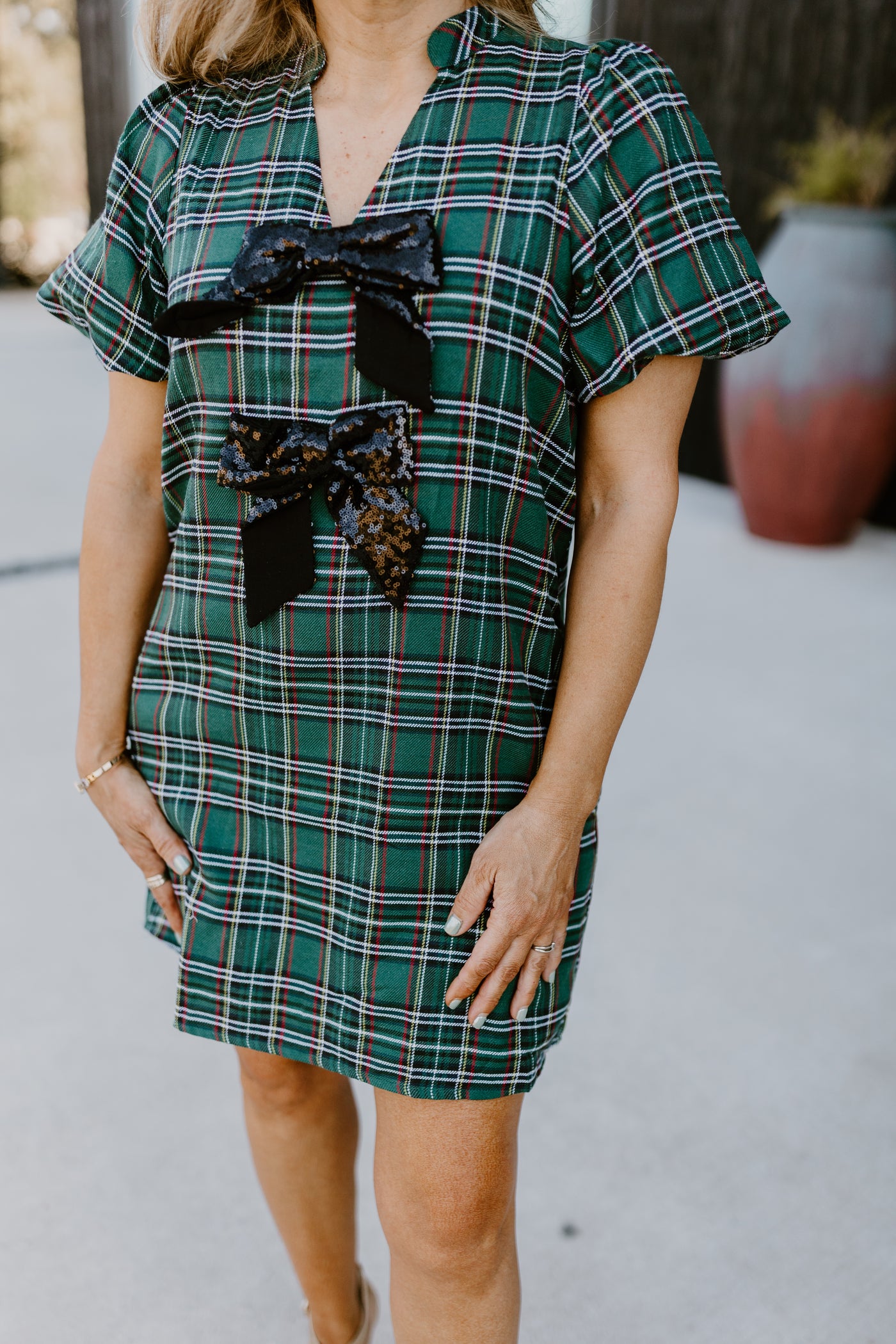 Green Plaid Sequin Bow Detail Mini Dress