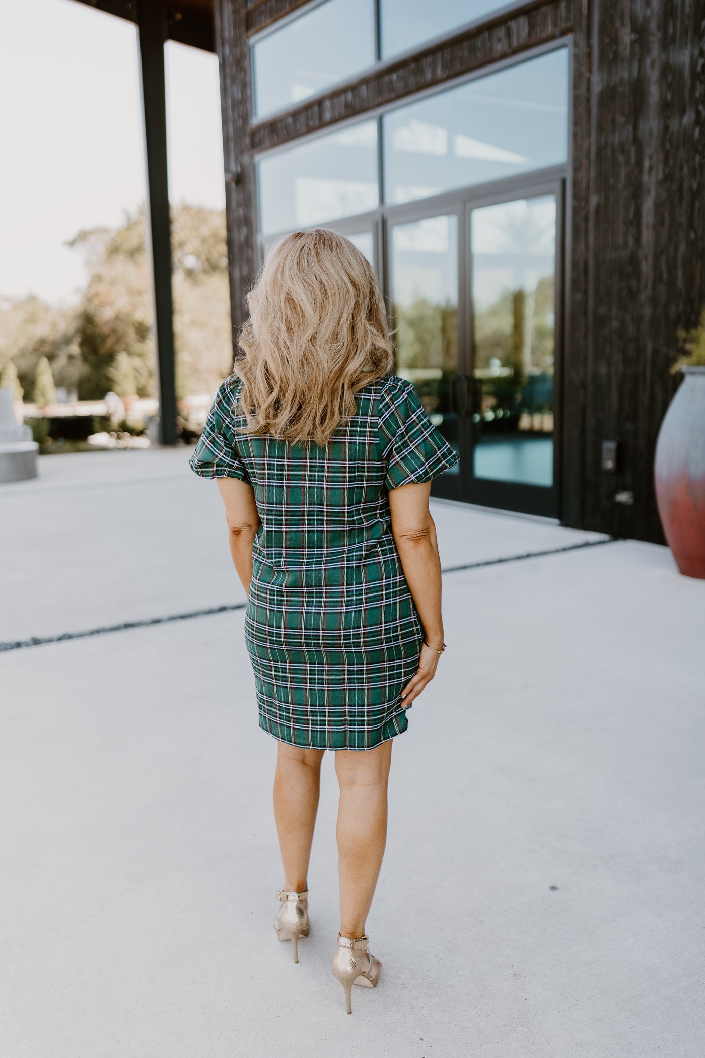 Green Plaid Sequin Bow Detail Mini Dress