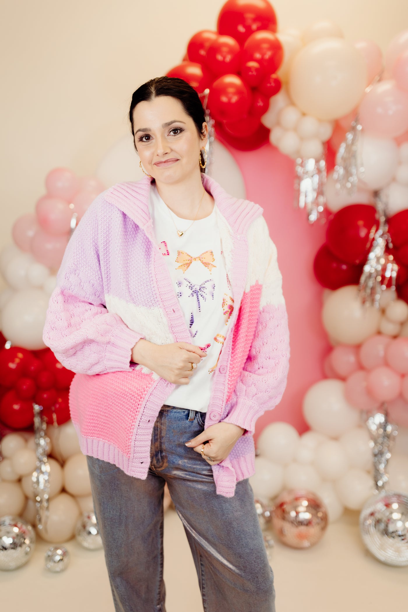 Pink Multi Colorblock Button Down Sweater Top